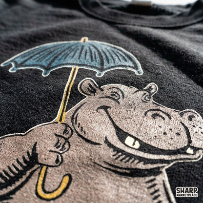 Smiling hippo holding a teal umbrella in a retro rainy day illustration for t-shirt design and stickers