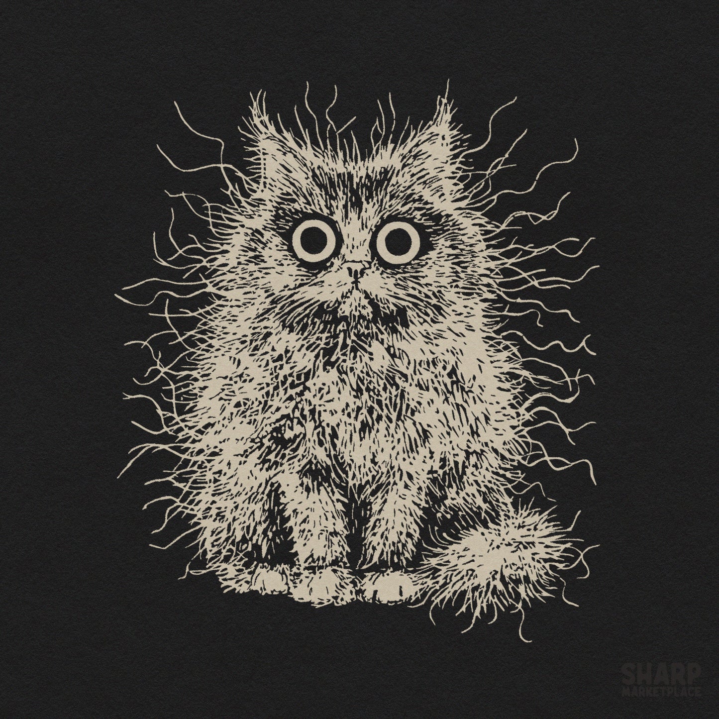 Unhinged frizzy fluffy cat with crazy wide eyes retro png graphic for trendy animal meme shirts
