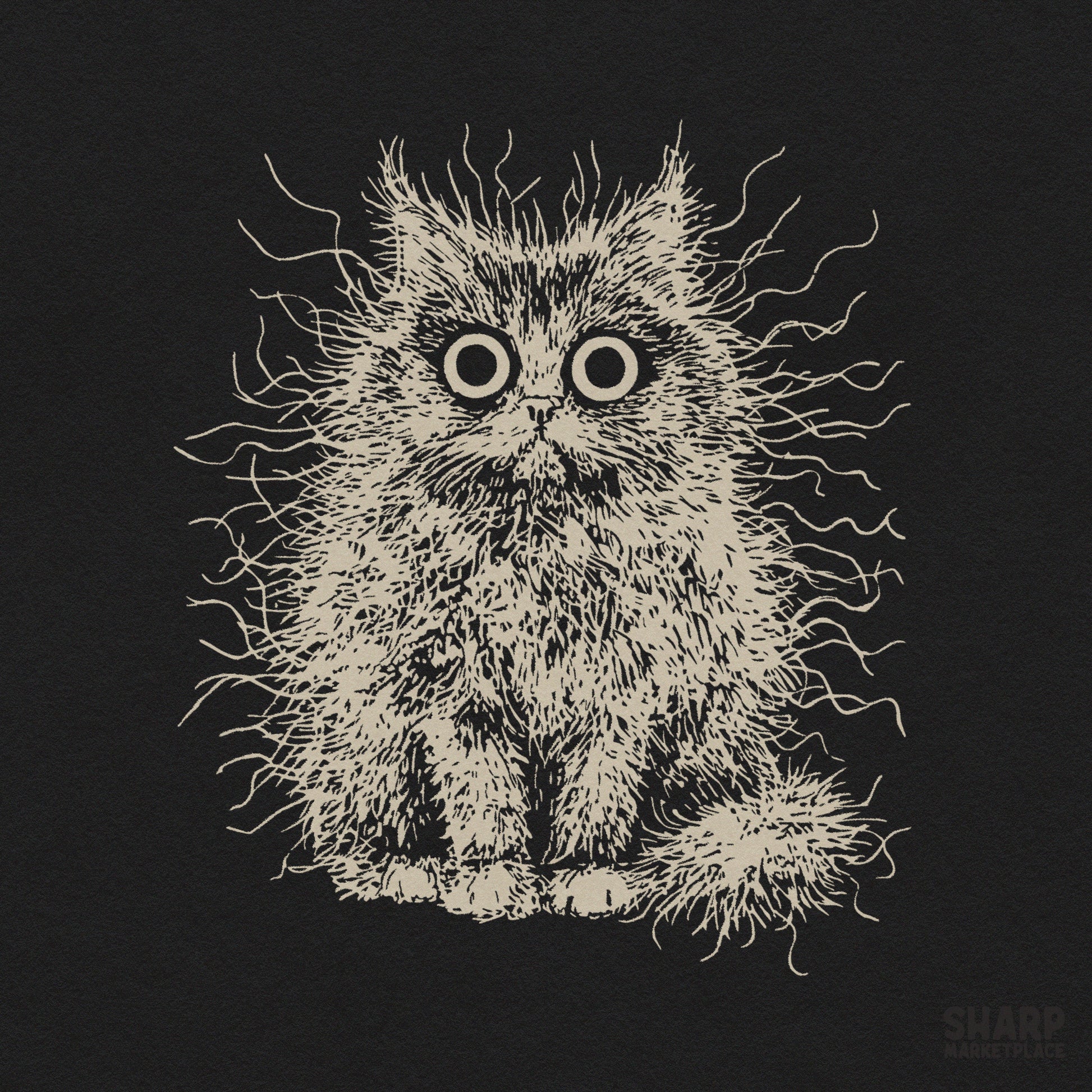 Unhinged frizzy fluffy cat with crazy wide eyes retro png graphic for trendy animal meme shirts