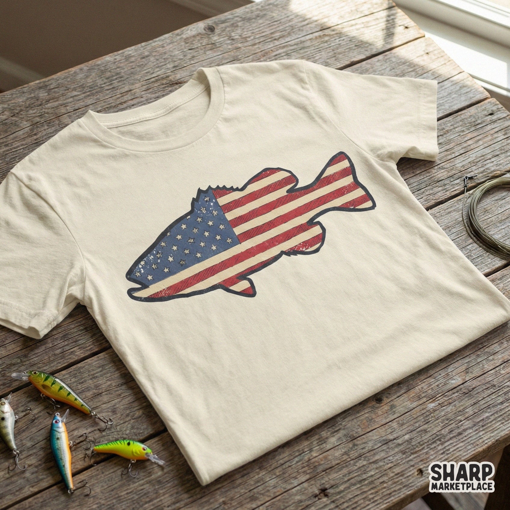 Rustic American flag bass fish illustration with a vintage distressed effect perfect for sublimation transfers, custom t-shirts, and outdoor gear.