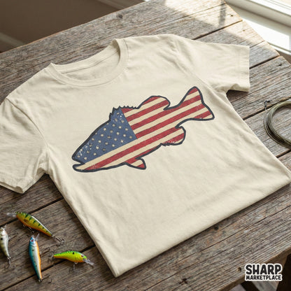 Rustic American flag bass fish illustration with a vintage distressed effect perfect for sublimation transfers, custom t-shirts, and outdoor gear.