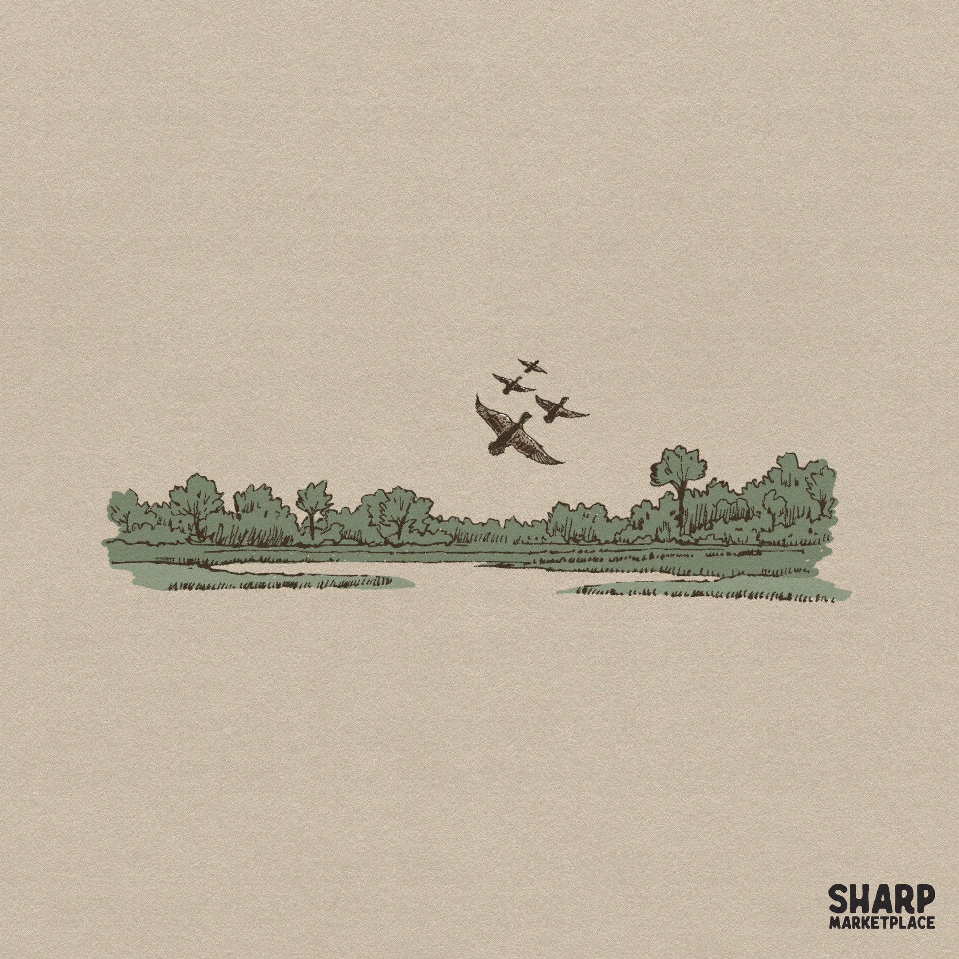 Retro illustration of a flock of ducks flying over a marsh landscape for Father's Day sublimation shirts