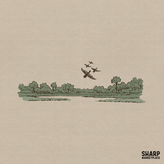 Retro illustration of a flock of ducks flying over a marsh landscape for Father's Day sublimation shirts