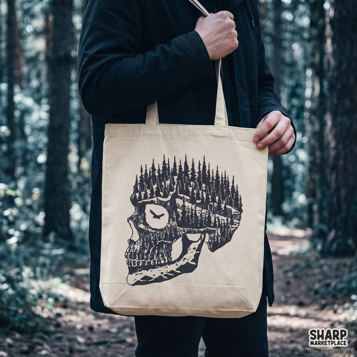 Forest silhouette inside a skull profile with flying bird, spooky halloween png for retro t-shirts and apparel