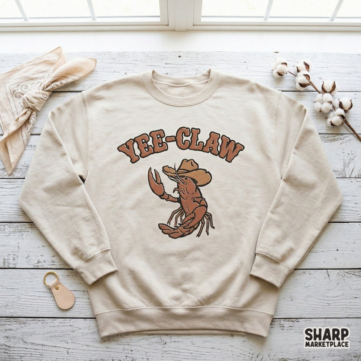 Western coastal sublimation graphic showing a lobster in a cowboy hat with distressed brown typography, ideal for custom tumblers and DIY gifts.