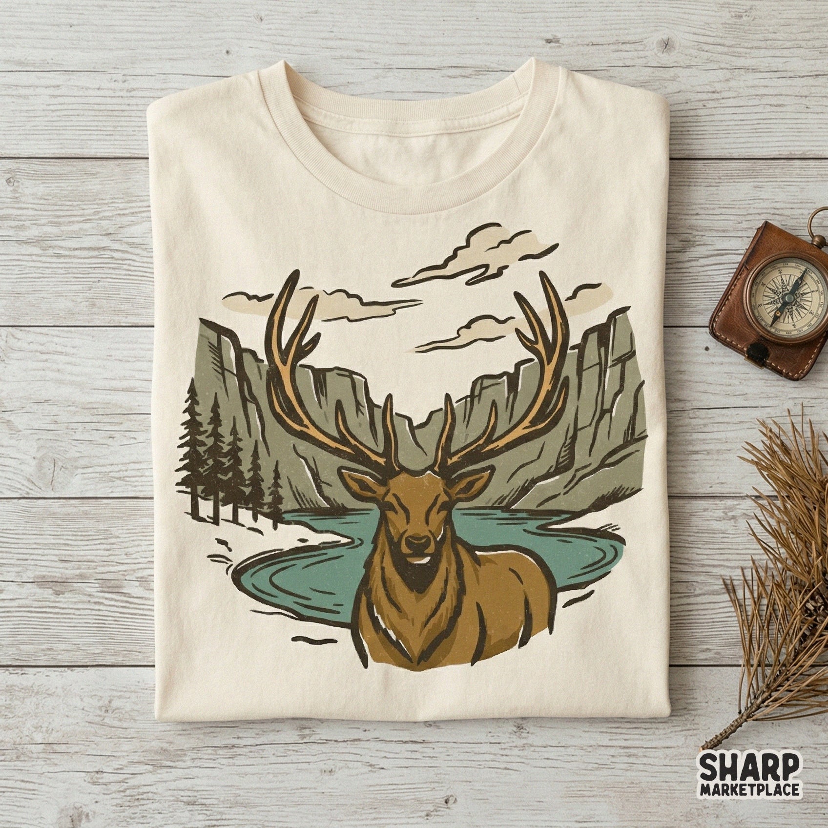 Detailed nature-inspired elk design with antlers, mountains, and river, ideal for sublimation transfers, DTF printing, and custom outdoor-themed projects.