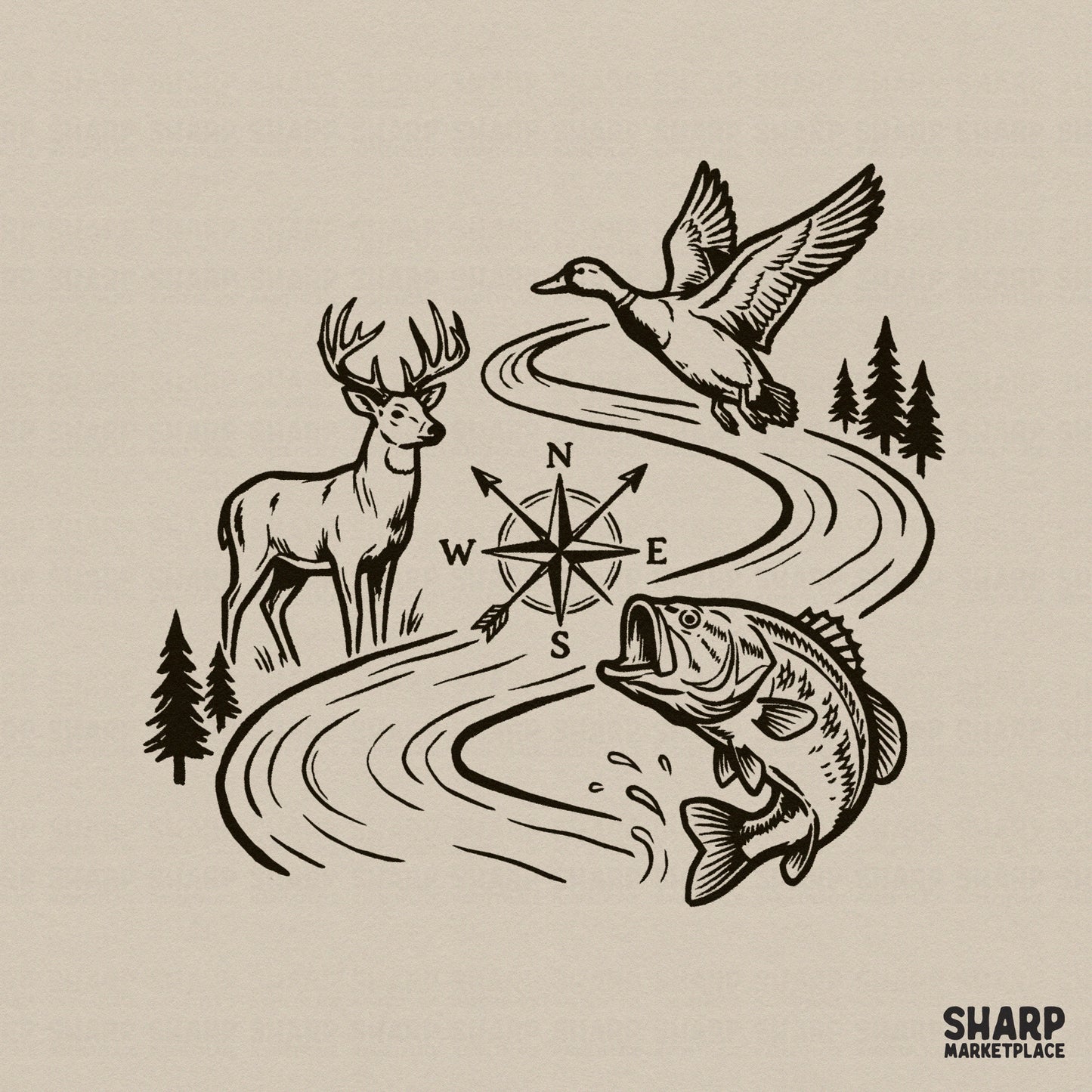 Rustic wildlife river scene digital design featuring a buck, flying duck, and jumping bass fish arranged around a central compass rose for outdoor apparel.