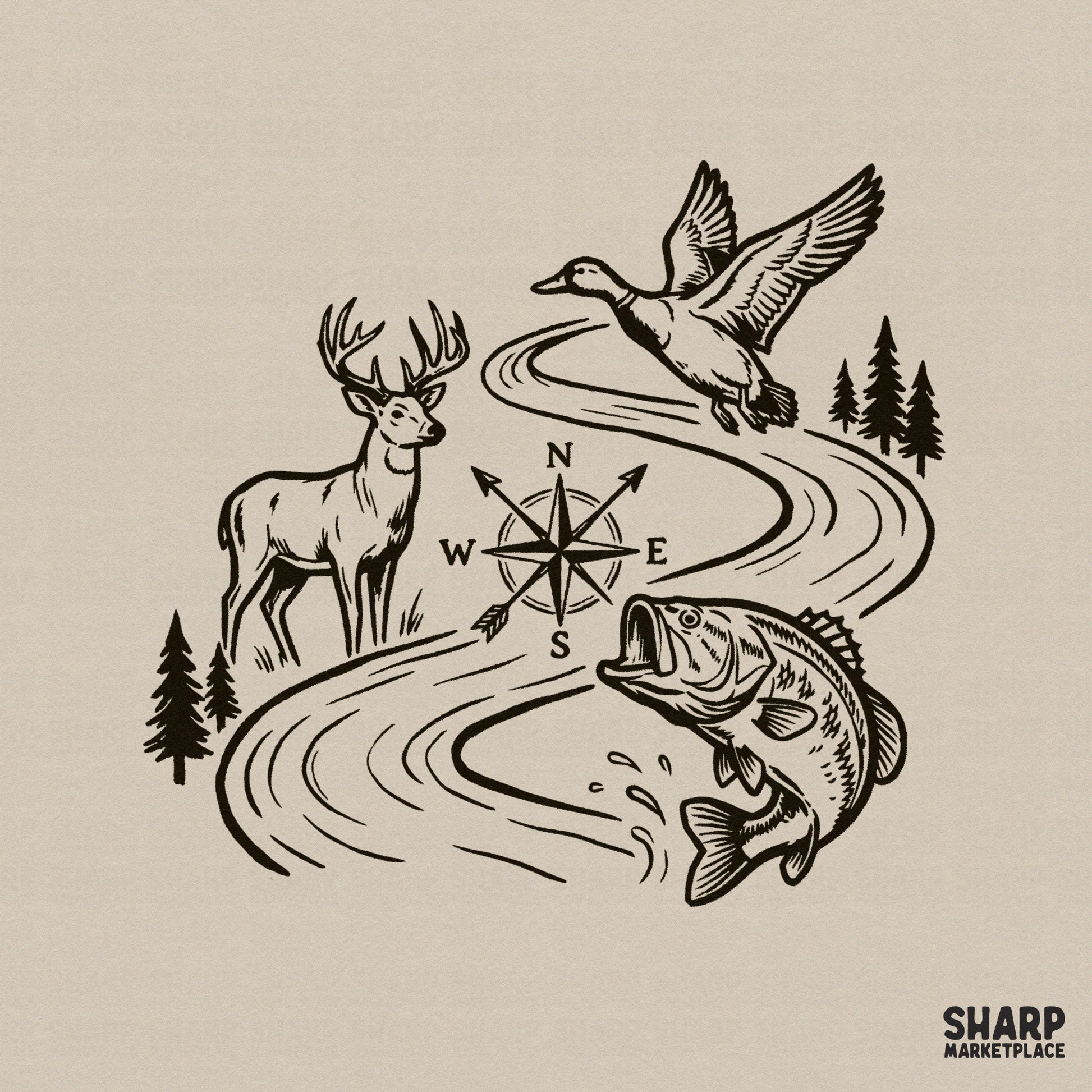 Rustic wildlife river scene digital design featuring a buck, flying duck, and jumping bass fish arranged around a central compass rose for outdoor apparel.