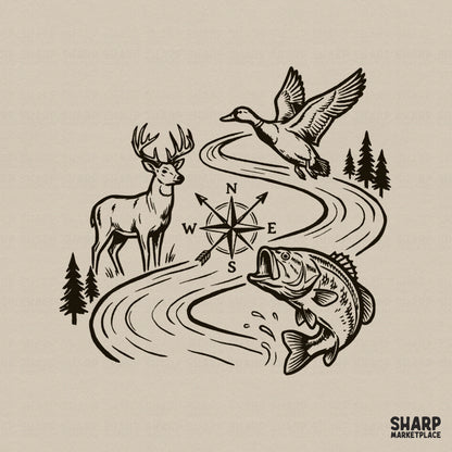 Rustic wildlife river scene digital design featuring a buck, flying duck, and jumping bass fish arranged around a central compass rose for outdoor apparel.