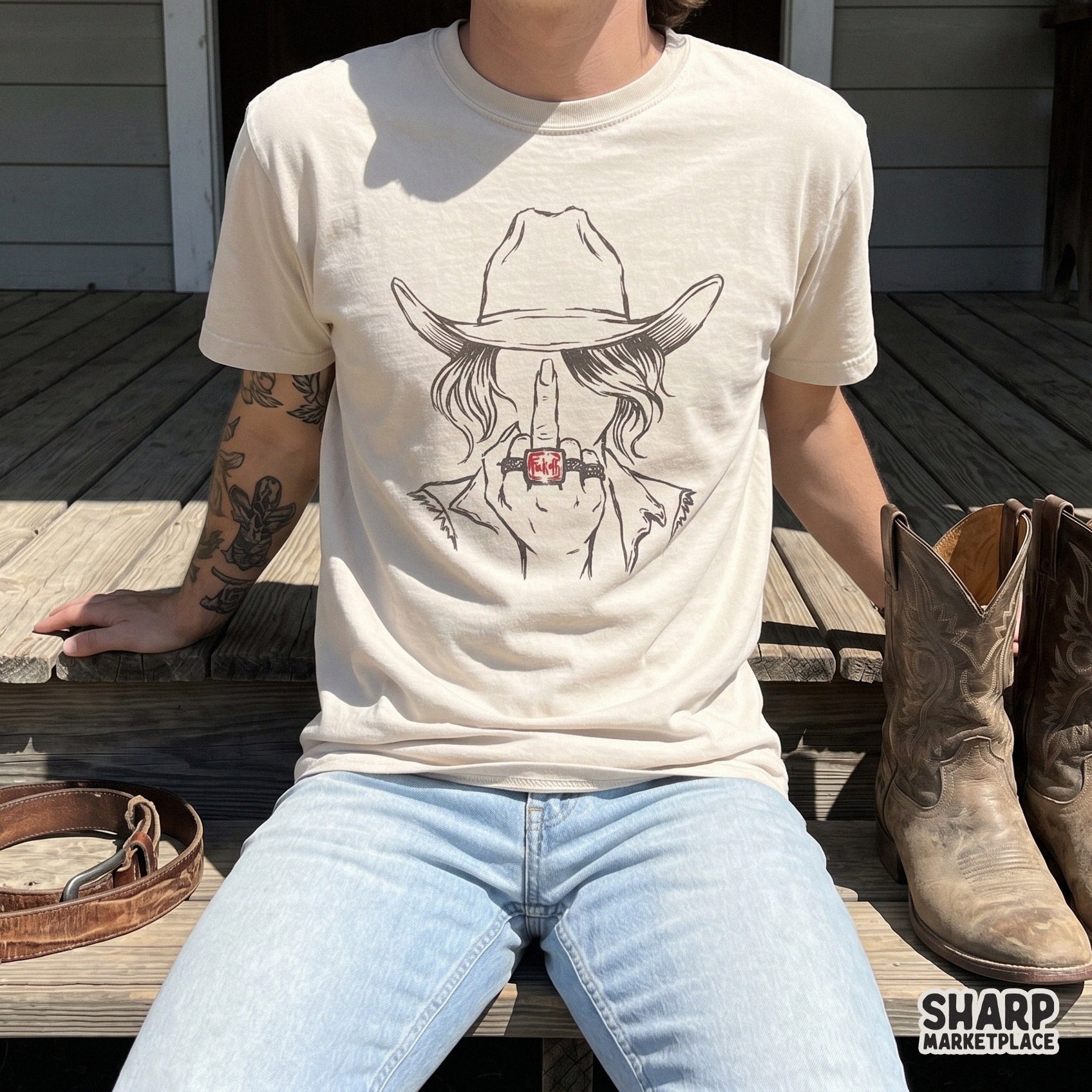 Detailed line art of a rebellious cowgirl wearing a western hat and a ring with a cheeky message, ideal for high-contrast shirt or tumbler designs.