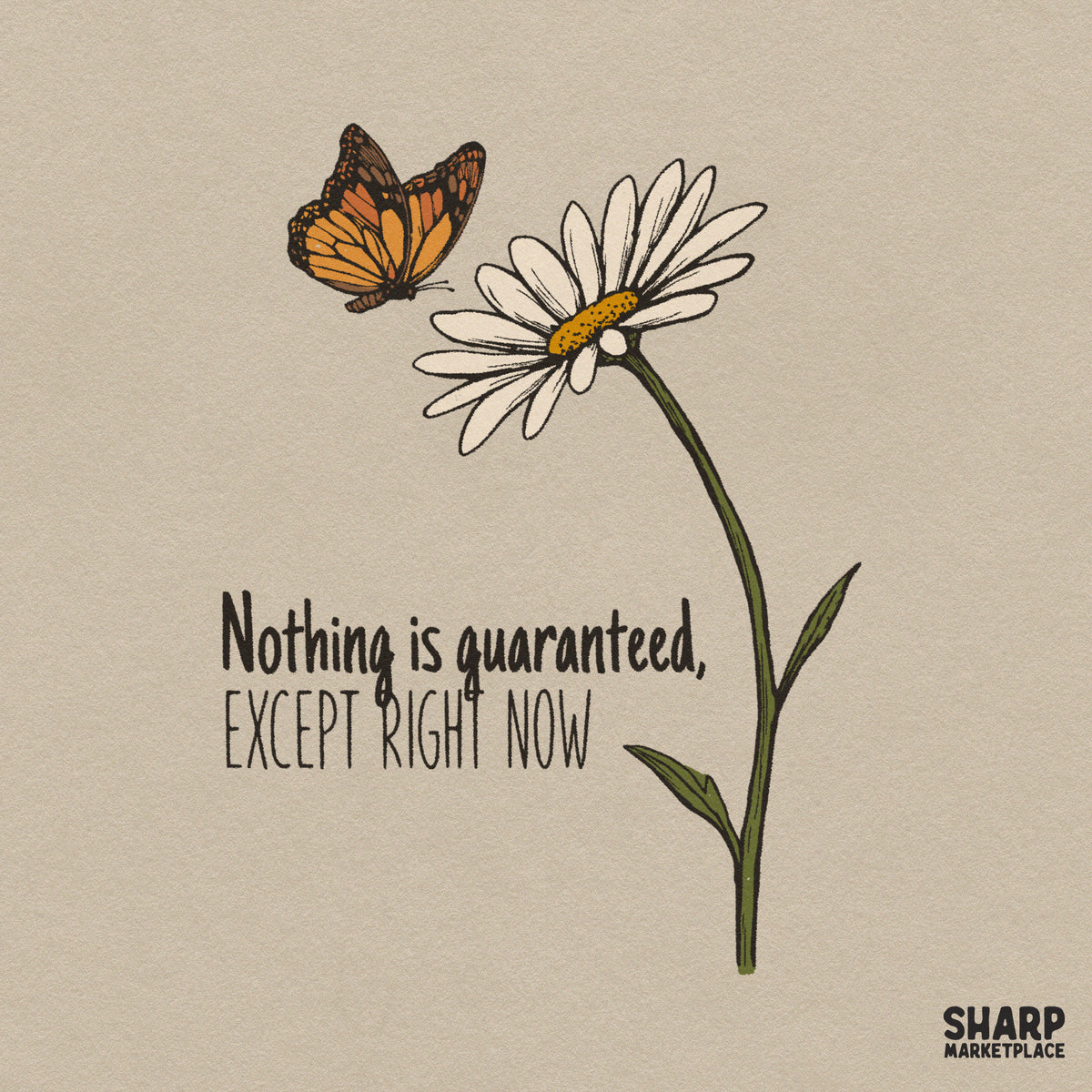 Inspirational quote nothing is guaranteed with retro butterfly and daisy flowers PNG digital design for t-shirts