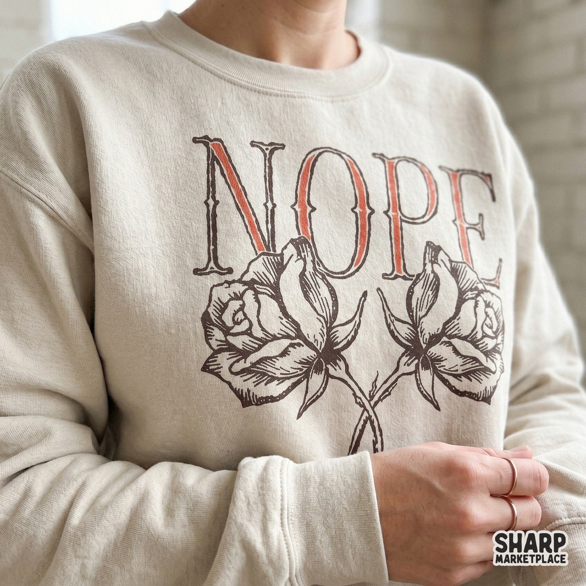 Trendy anti-social apparel graphic with a moody rose illustration and the word NOPE, perfect for sublimation shirts and custom DIY projects.