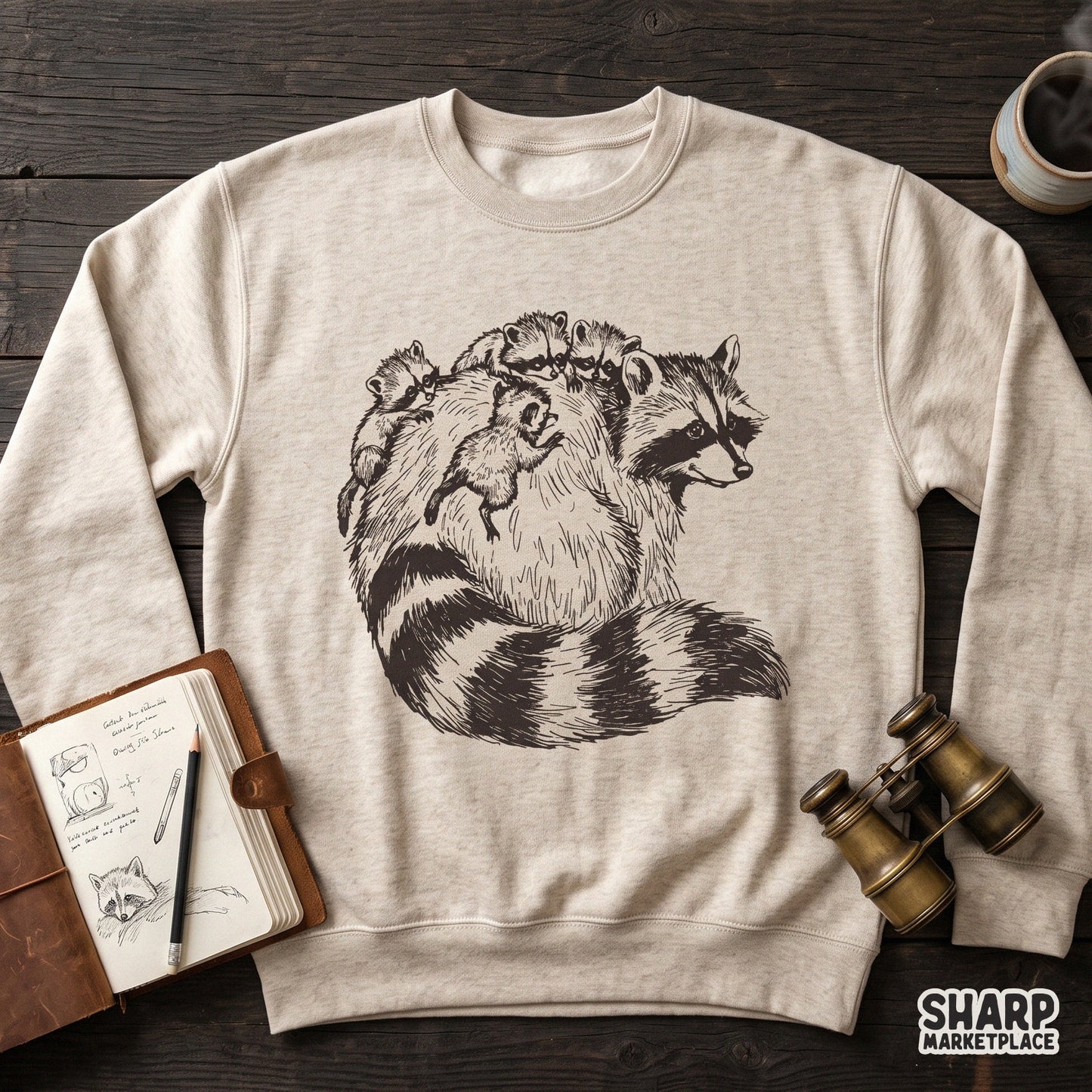 Vintage mama raccoon with four babies on her back PNG, funny animal meme graphic for mothers day shirts and gifts