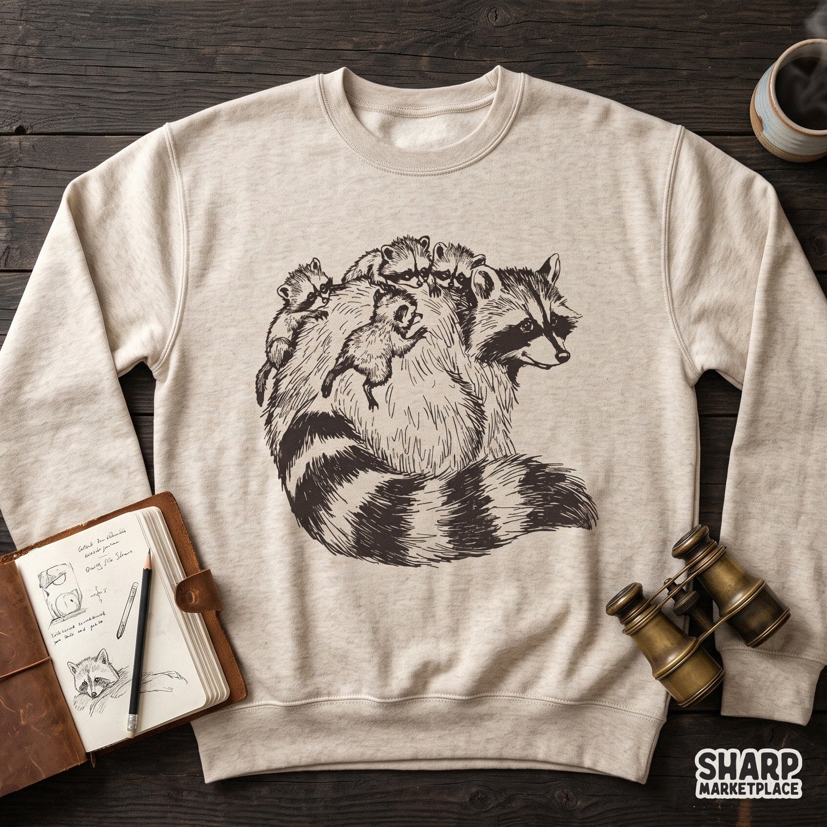 Vintage mama raccoon with four babies on her back PNG, funny animal meme graphic for mothers day shirts and gifts