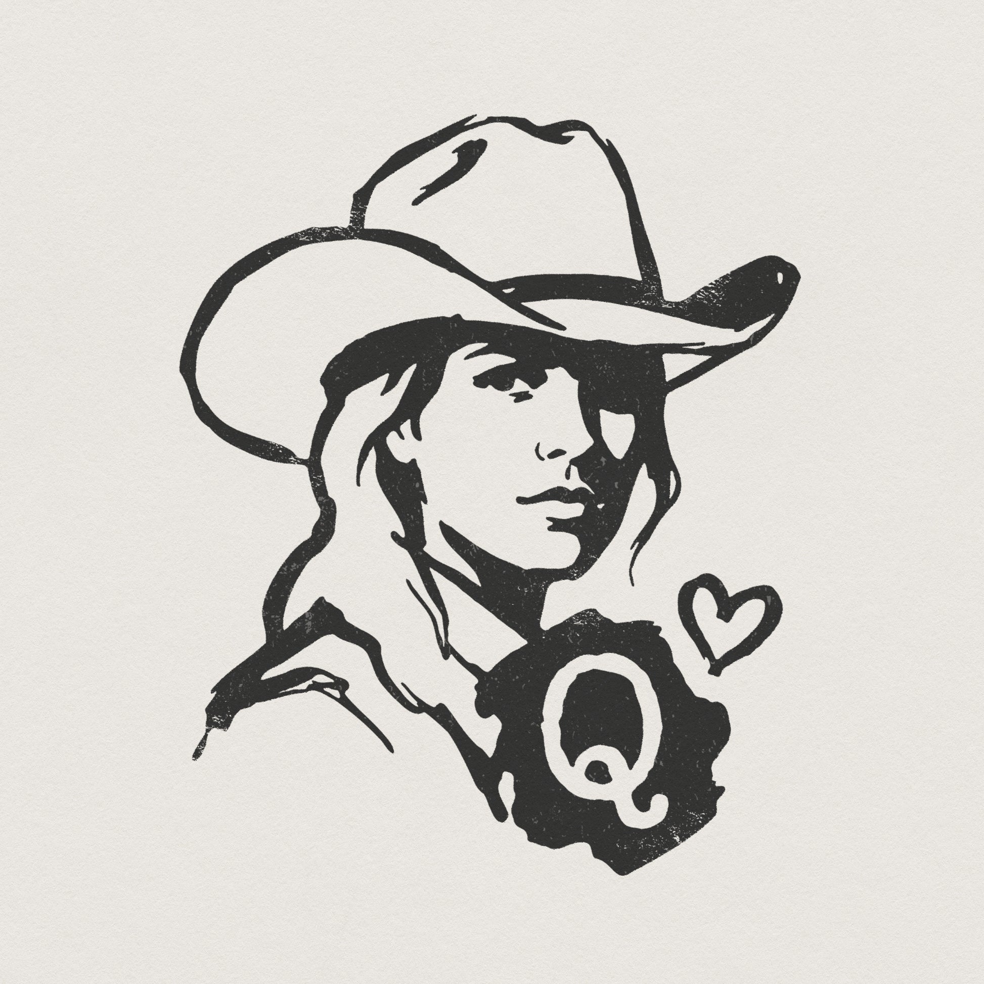 Rustic hand-drawn cowgirl portrait PNG with a cowboy hat, letter Q, and heart icon, perfect for western-themed sublimation and custom apparel.