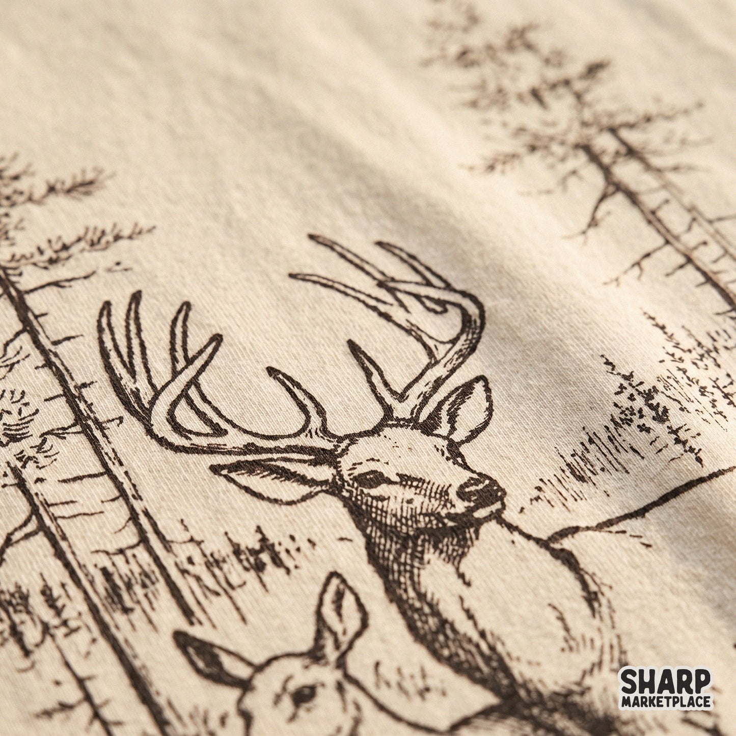 Vintage buck and doe deer nature sketch graphic for retro hunting sublimation designs and wilderness camping apparel