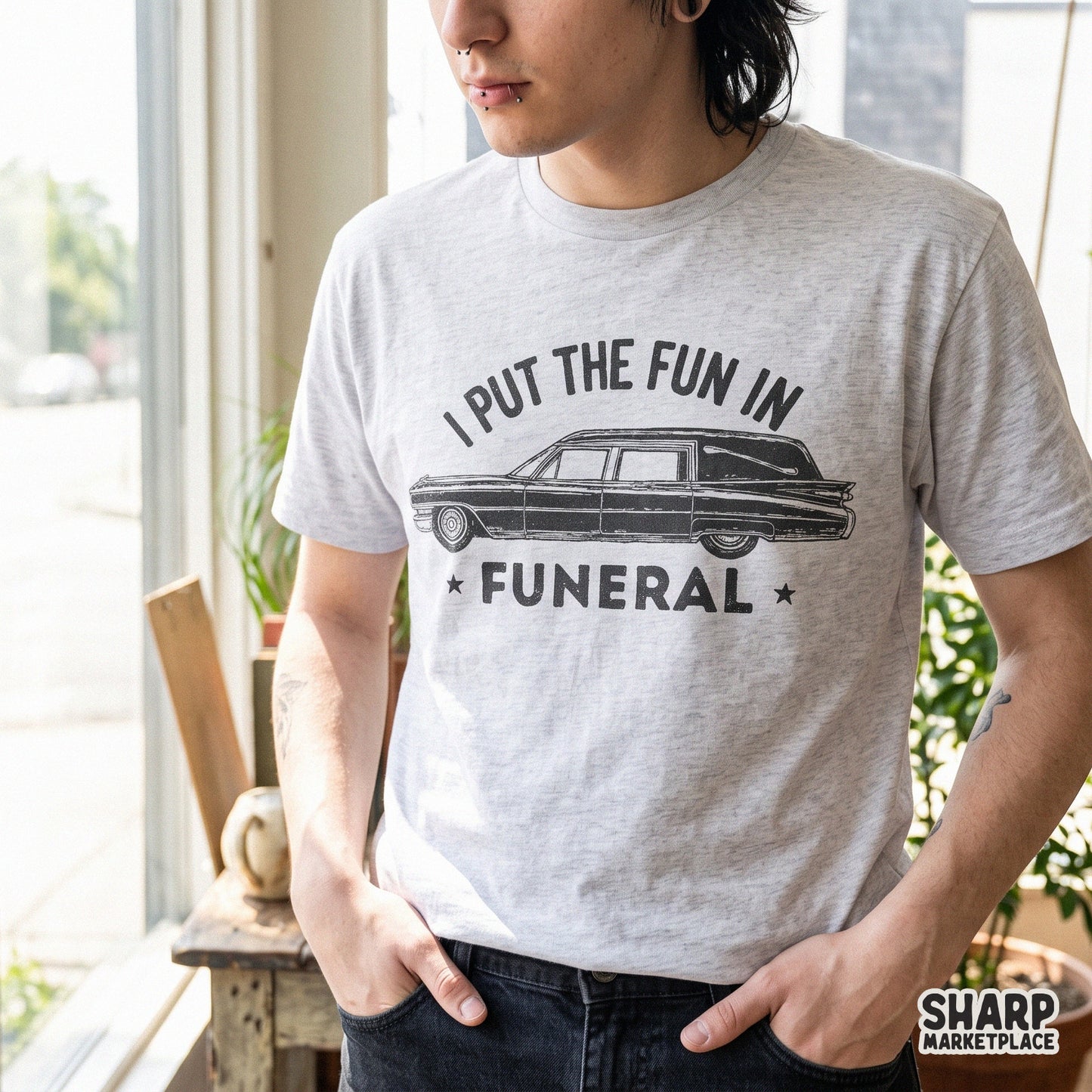 Vintage hearse with sarcastic dark humor text for Halloween sublimation on t-shirts and retro spooky digital designs