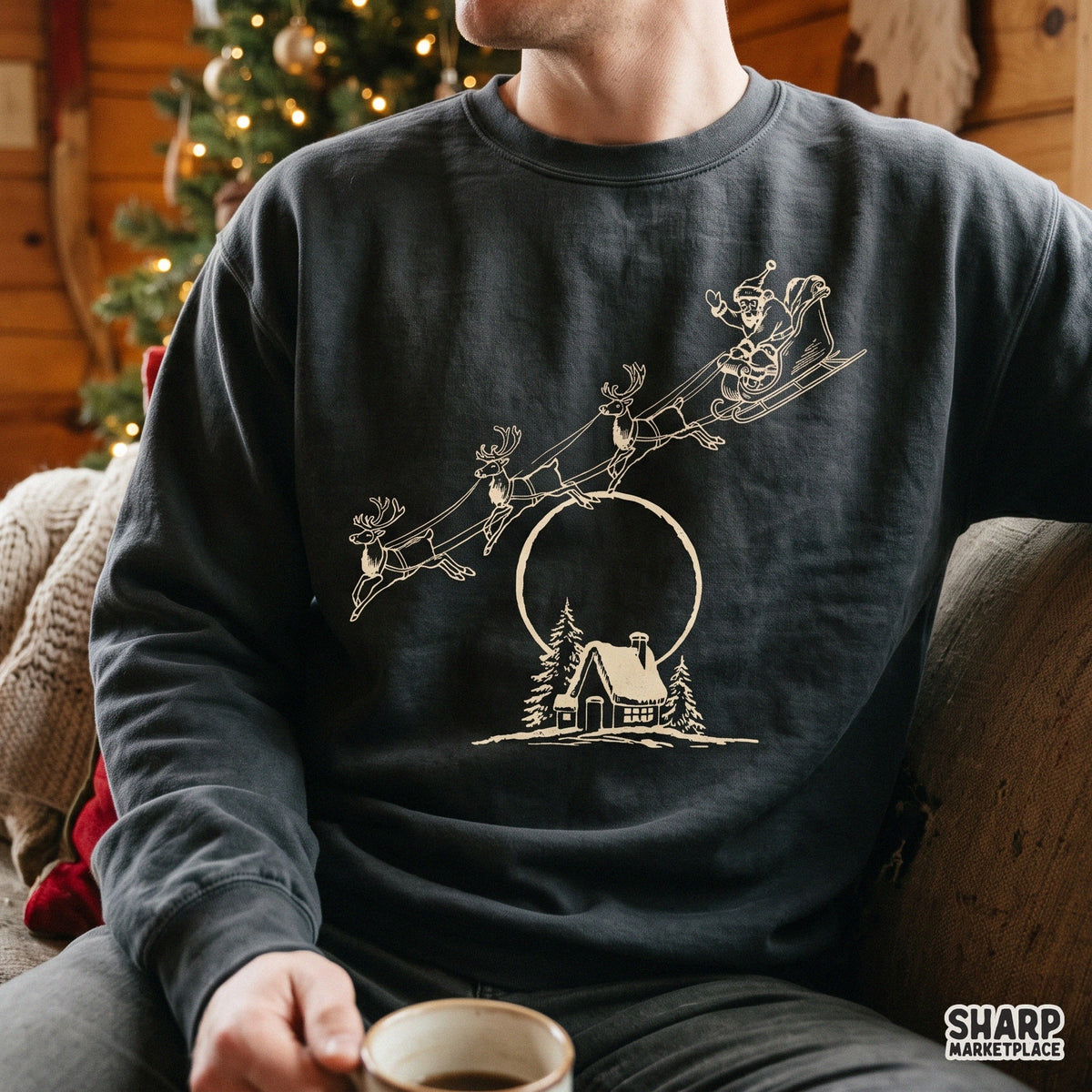 Vintage Midnight Sleigh Flight Scene Across Glowing Full