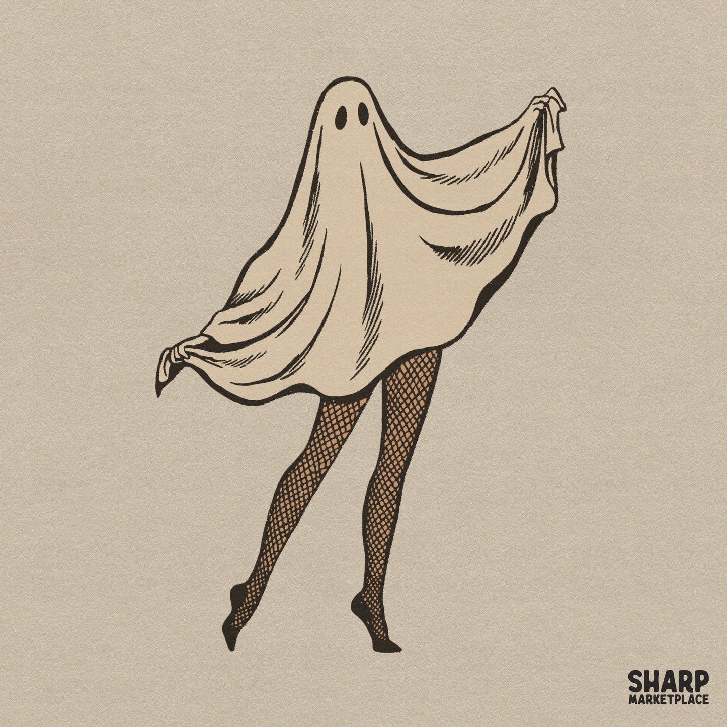Cheeky sheet ghost in fishnet stockings and spooky heels halloween png design for t-shirts and apparel printing