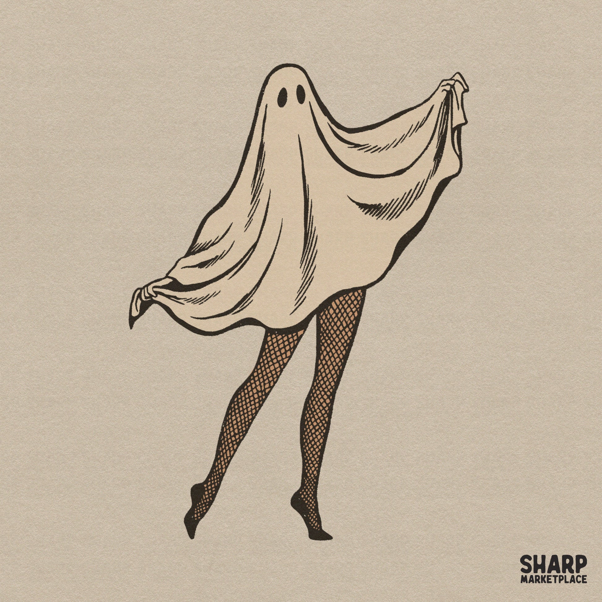 Cheeky sheet ghost in fishnet stockings and spooky heels halloween png design for t-shirts and apparel printing