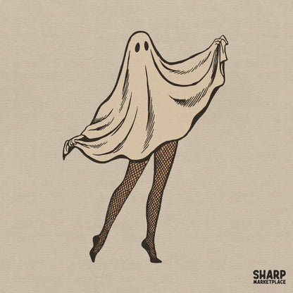Cheeky sheet ghost in fishnet stockings and spooky heels halloween png design for t-shirts and apparel printing