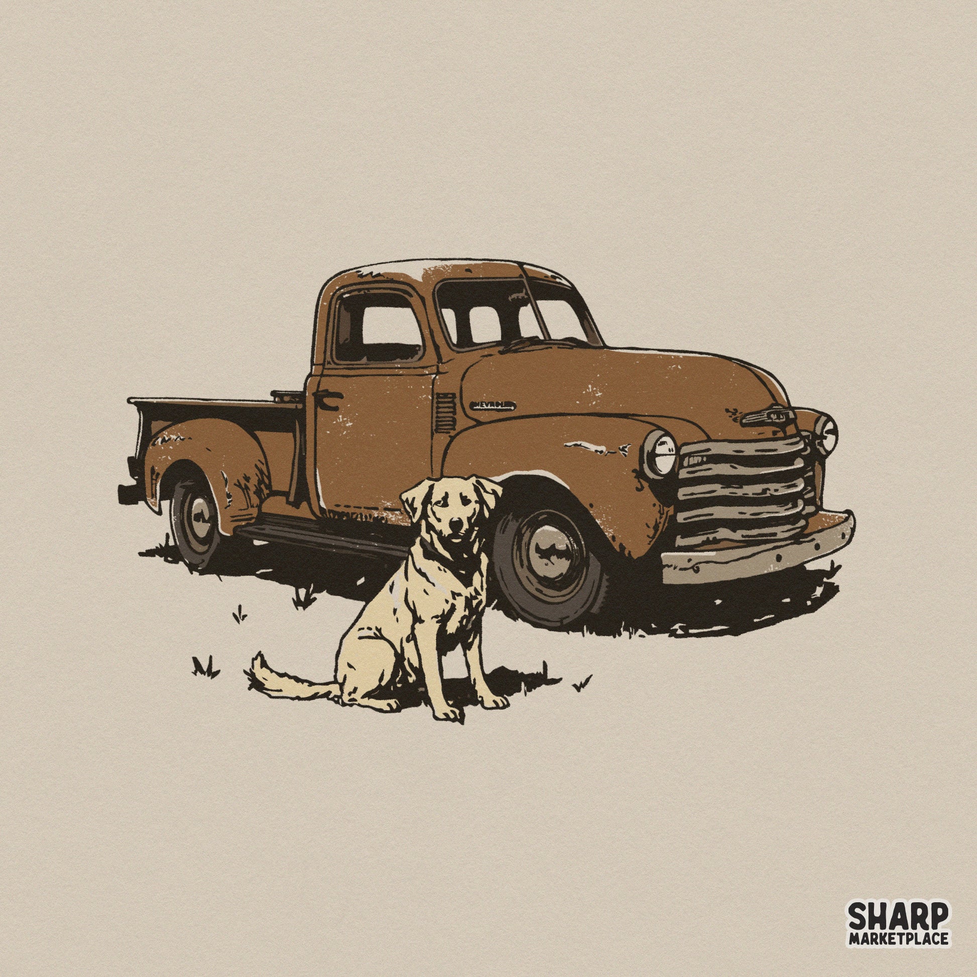 Rustic vintage pickup truck and loyal yellow labrador retriever illustration in earth tones for western apparel and farmhouse style sublimation projects.