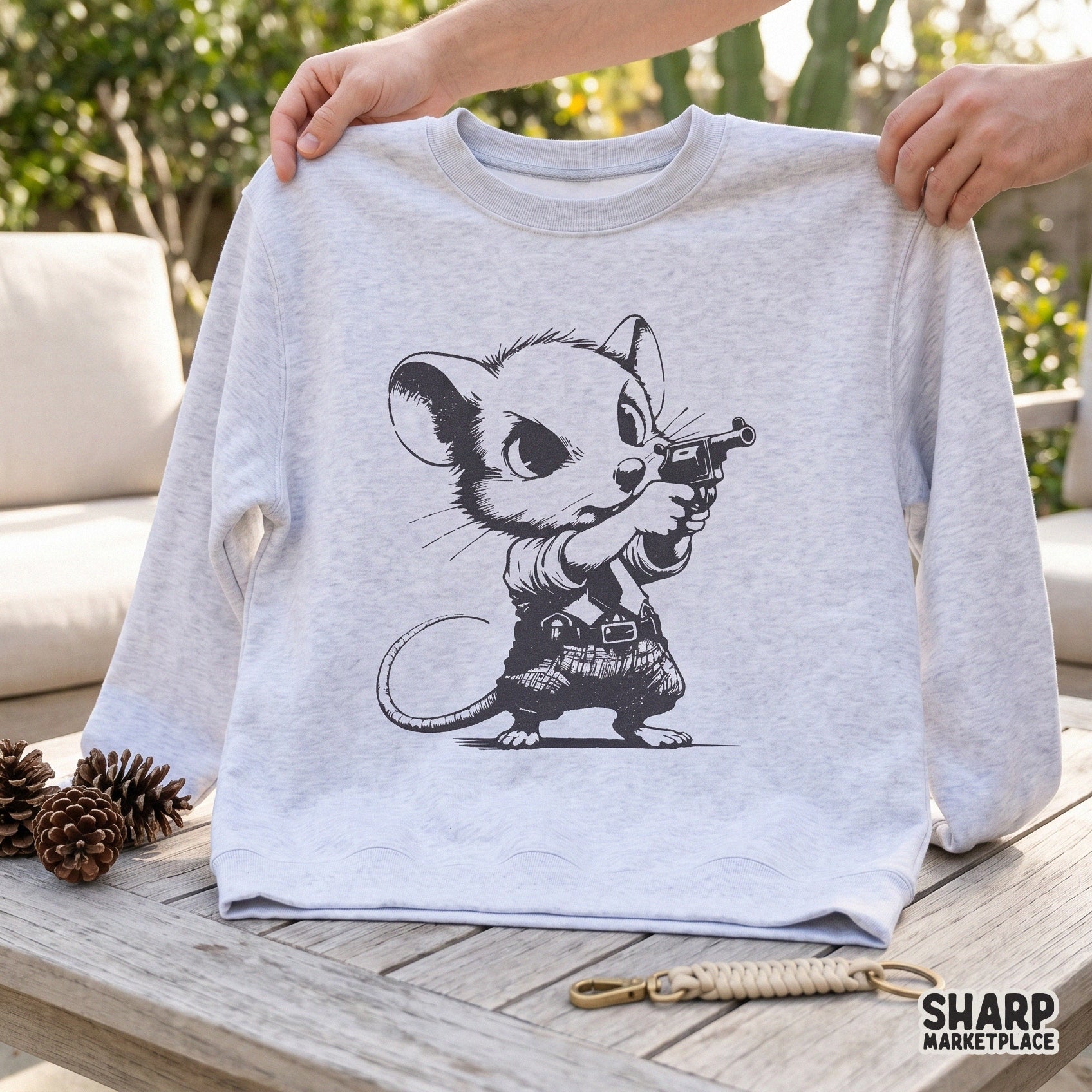 Cute western outlaw mouse holding a tiny revolver vintage rodent sketch for sarcastic cowboy meme stickers and shirts