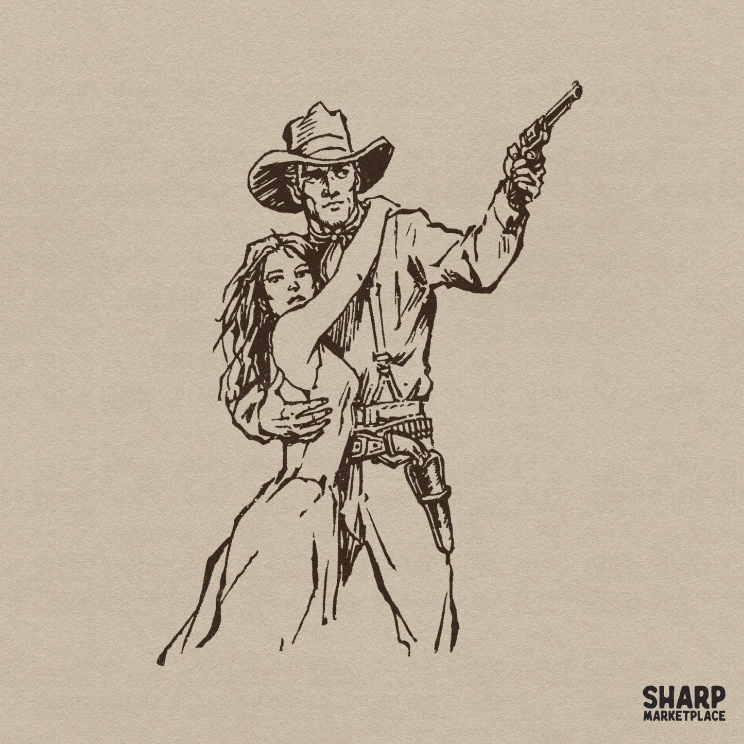 Hand-drawn vintage western illustration of a cowboy shielding a woman while holding a pistol, rendered in a monochromatic ink sketch style for DIY projects.