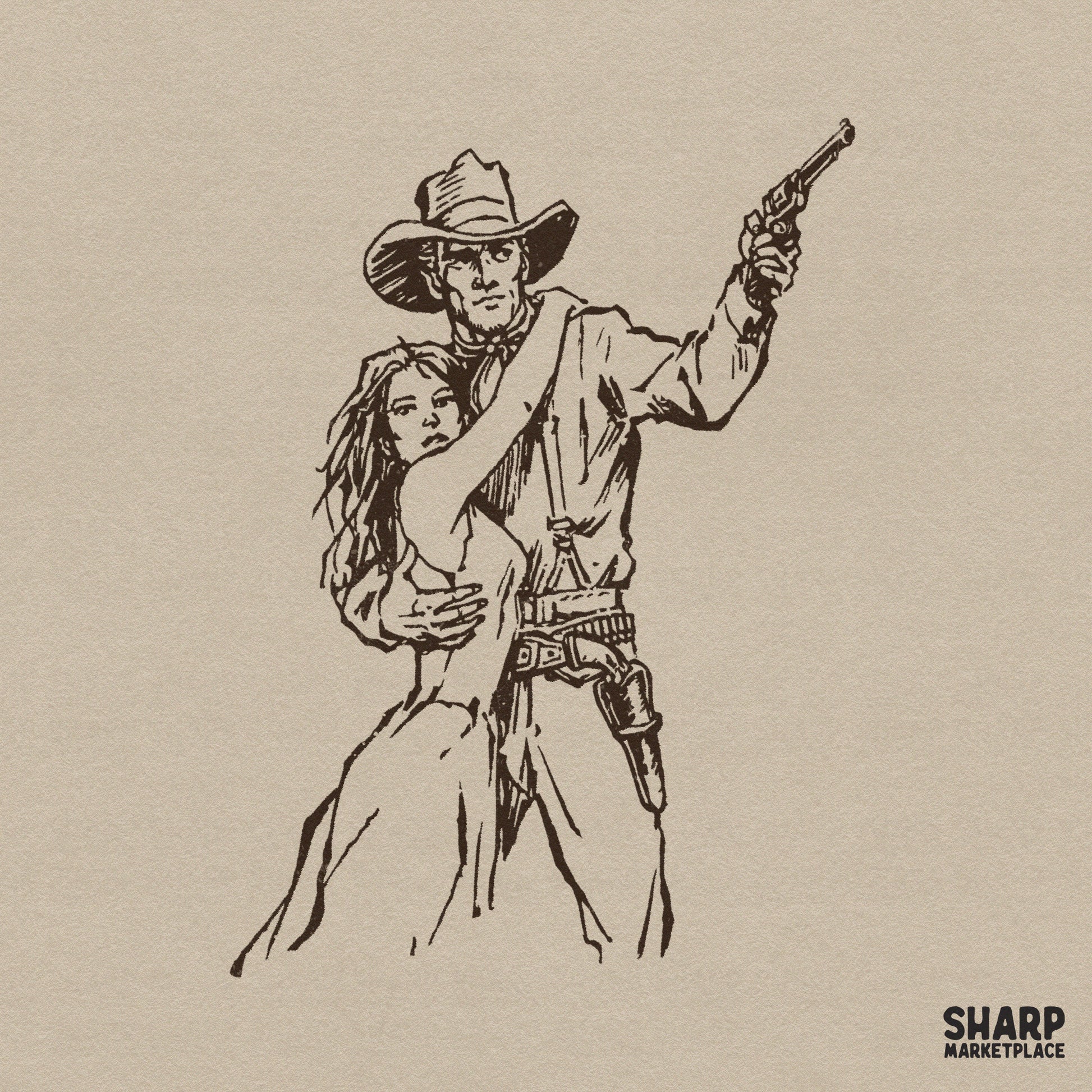 Hand-drawn vintage western illustration of a cowboy shielding a woman while holding a pistol, rendered in a monochromatic ink sketch style for DIY projects.