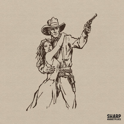 Hand-drawn vintage western illustration of a cowboy shielding a woman while holding a pistol, rendered in a monochromatic ink sketch style for DIY projects.