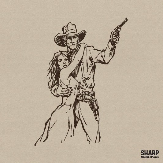 Hand-drawn vintage western illustration of a cowboy shielding a woman while holding a pistol, rendered in a monochromatic ink sketch style for DIY projects.