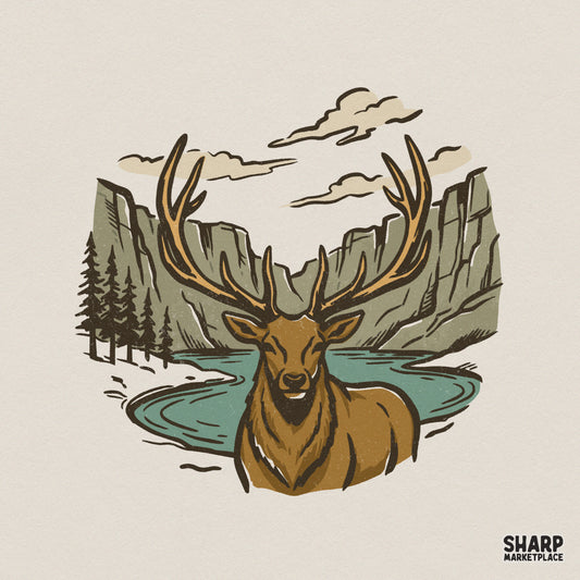 Majestic bull elk with large antlers standing in a tranquil lake before rugged canyon cliffs and pine trees, retro outdoor nature illustration.