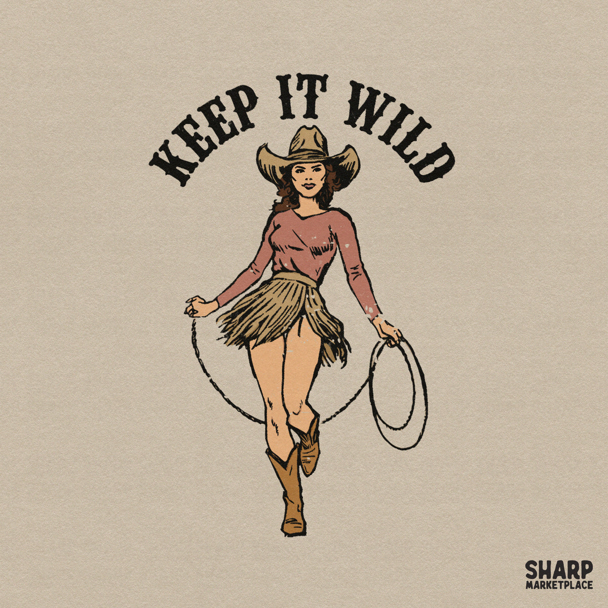 Retro western graphic featuring a cowgirl in a hat and fringed skirt twirling a lasso with the arched text Keep It Wild in a vintage style.