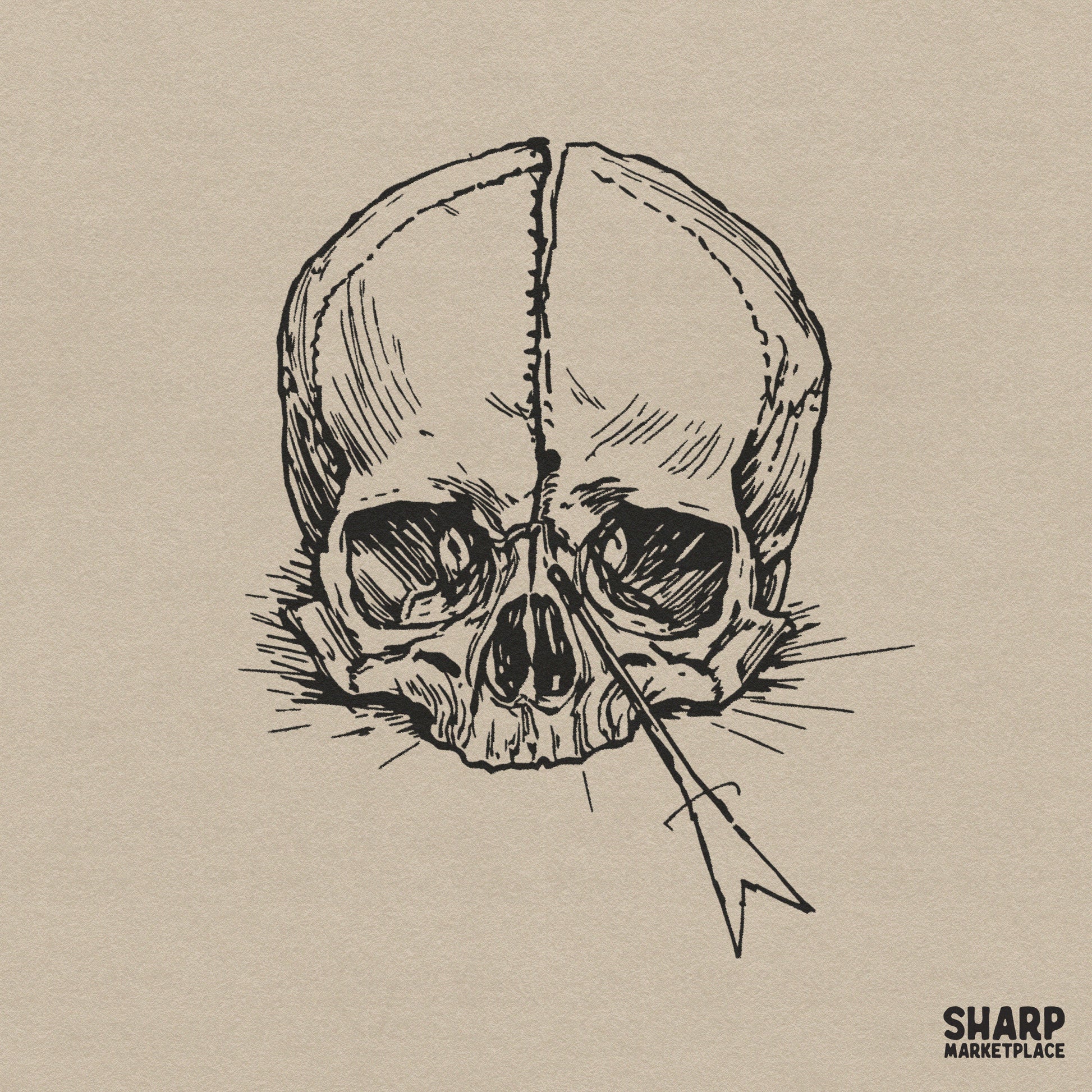 Vintage pierced skull sketch in a dark gothic illustration style for retro Halloween sublimation and shirt designs
