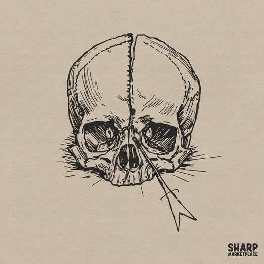 Vintage pierced skull sketch in a dark gothic illustration style for retro Halloween sublimation and shirt designs