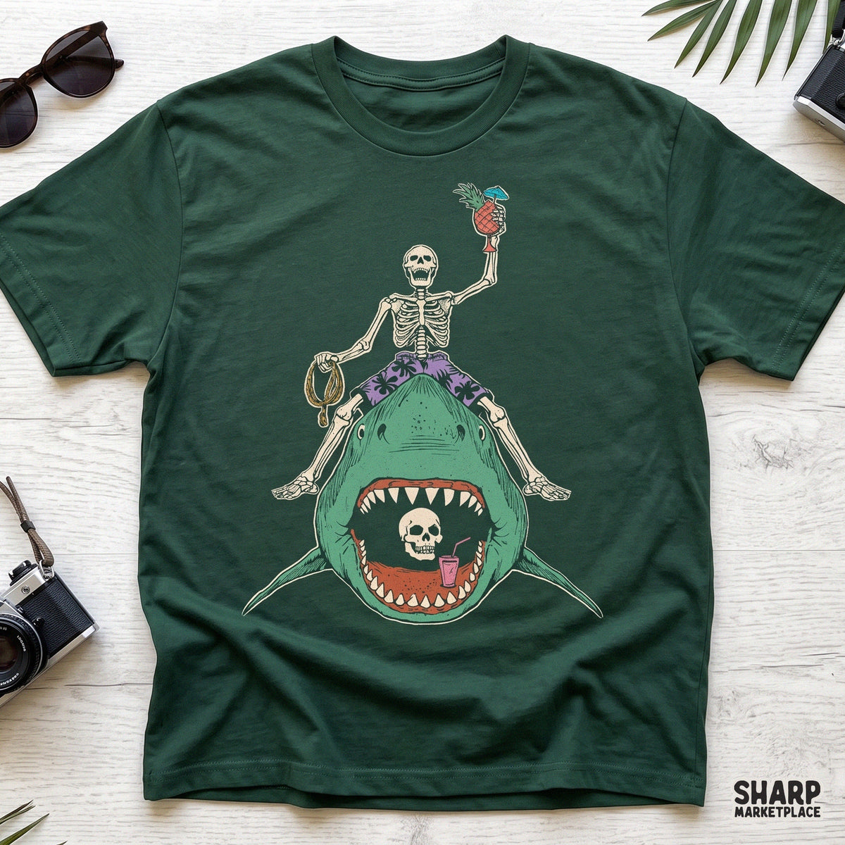 Tropical Skeleton Riding Shark With Pineapple Cocktail