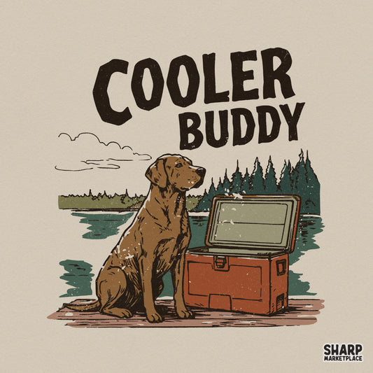 Vintage style digital design featuring a chocolate retriever sitting on a dock next to an open cooler with Cooler Buddy text for apparel printing.