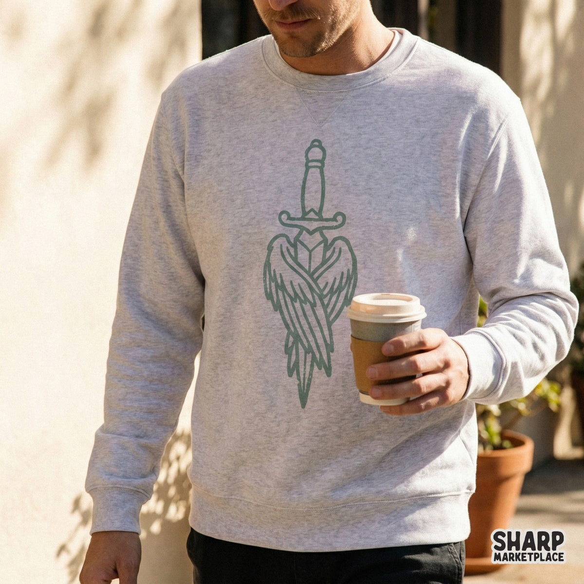 Detailed digital illustration of a winged dagger in a classic tattoo aesthetic, rendered in soft teal, ideal for stickers, tumblers, and wall art.
