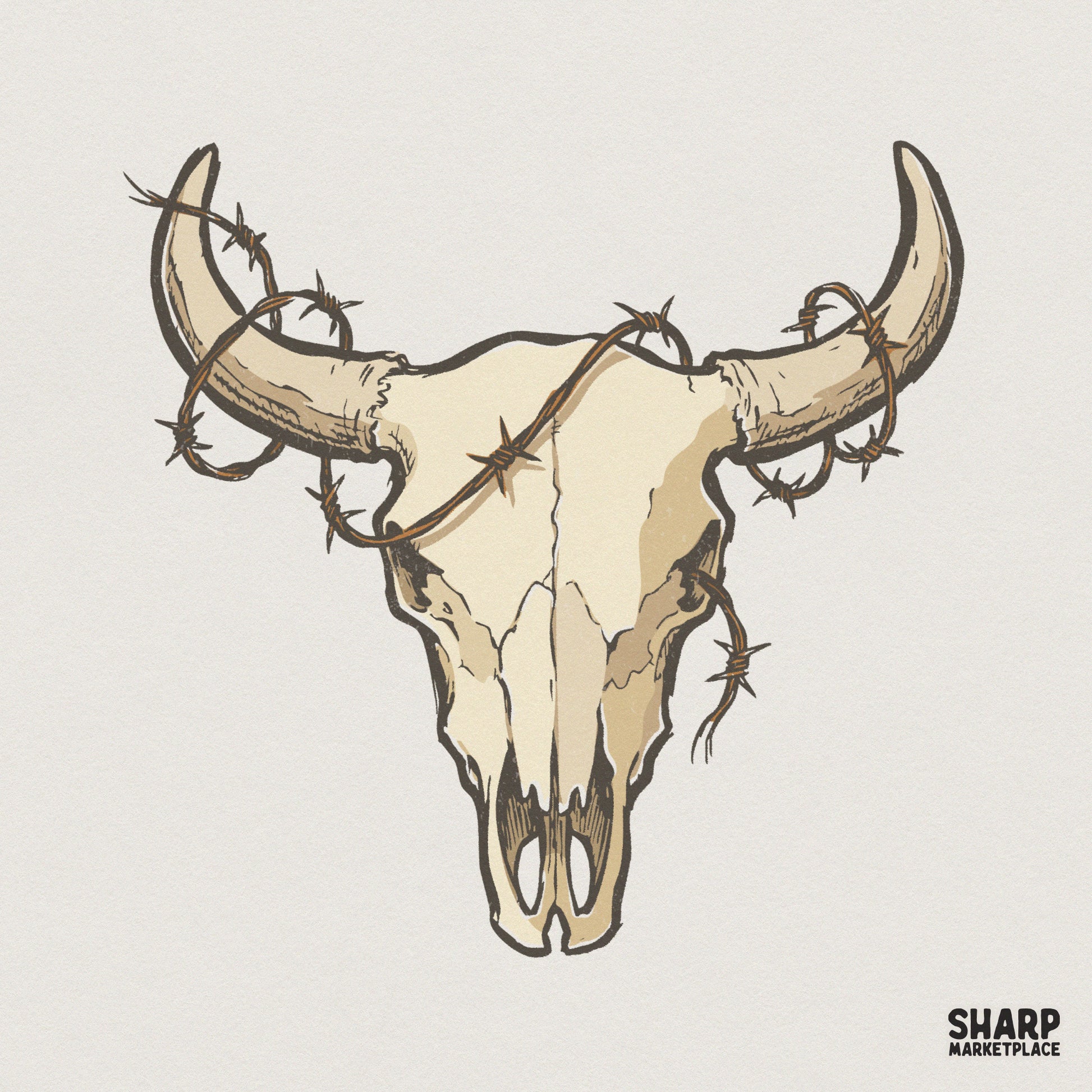 Cow Skull PNG, Western Barbed Wire Skull Clipart - 300 DPI Design for