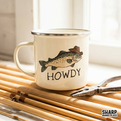 Rustic western trout graphic wearing a cowboy hat with Howdy quote, ideal for DIY fishing gifts, tumblers, and print-on-demand shirt designs.