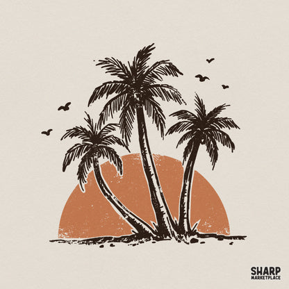 Hand-drawn silhouette of three tropical palm trees against a textured orange sunset with flying gulls, perfect for summer apparel or beach-themed sublimation.