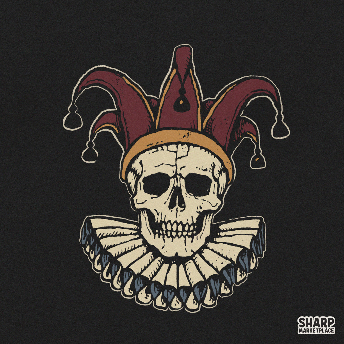 Spooky medieval jester skull with ruffled collar and hat PNG clipart for creepy Halloween t-shirt designs