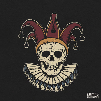 Spooky medieval jester skull with ruffled collar and hat PNG clipart for creepy Halloween t-shirt designs