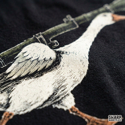 Funny white goose walking with a rocket launcher PNG design for sarcastic animal meme t-shirts and sublimation crafts
