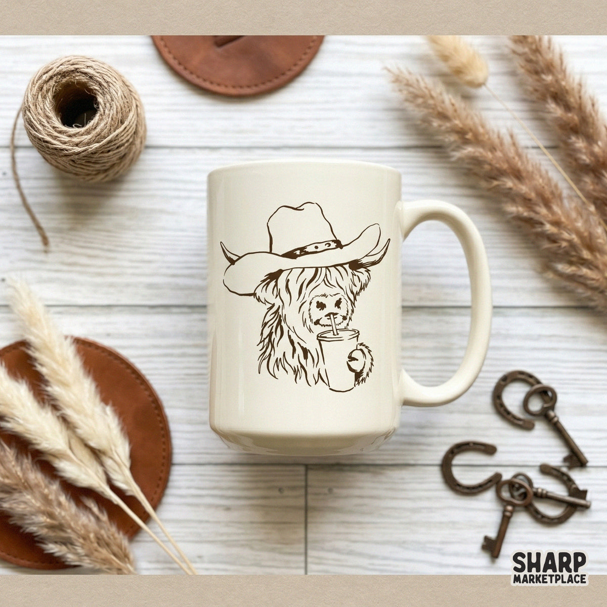 Western-themed digital design of a cute Highland cow with long hair and horns wearing a cowboy hat while holding a coffee cup.