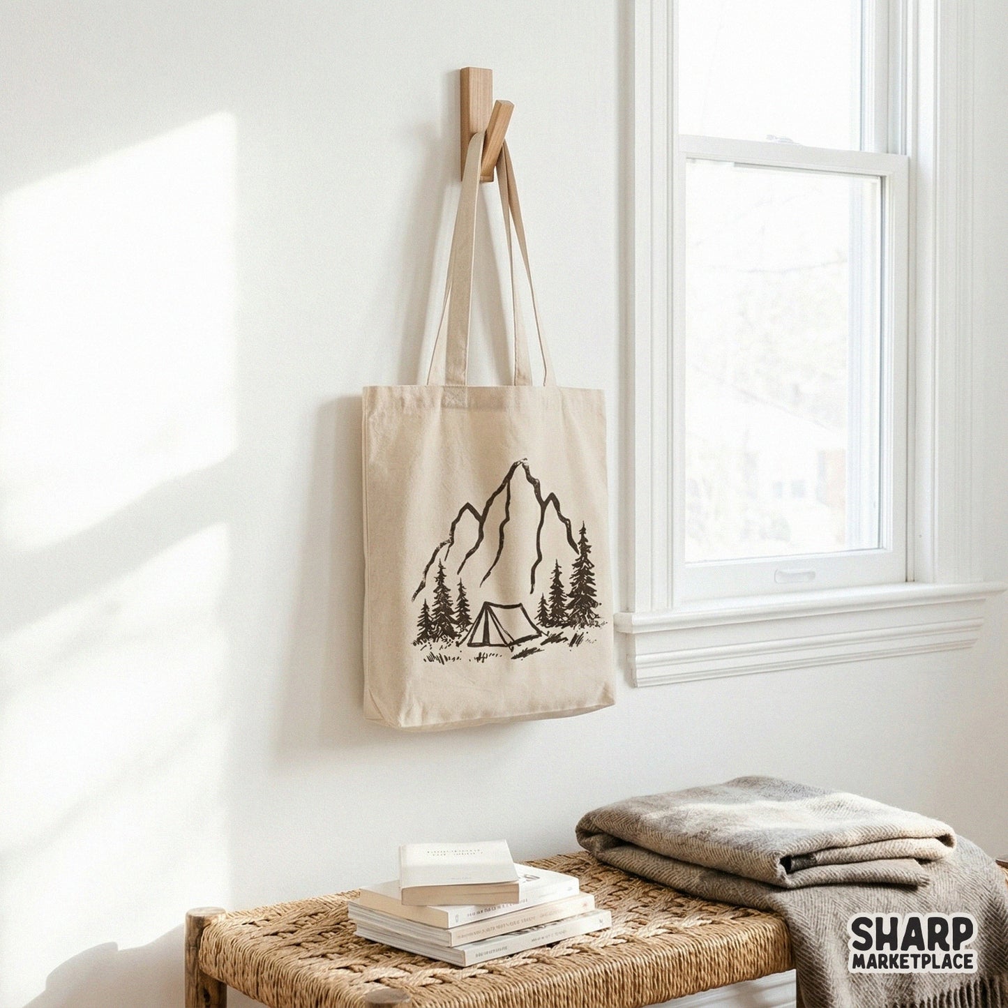 Rustic black and white mountain camp line art graphic suitable for DIY t-shirt printing, sublimation transfers, and nature-themed wall art projects.