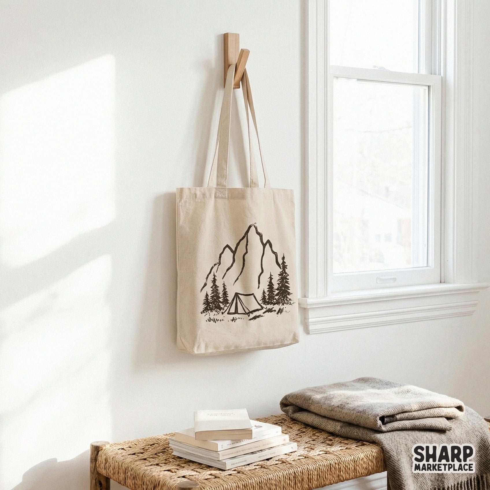 Rustic black and white mountain camp line art graphic suitable for DIY t-shirt printing, sublimation transfers, and nature-themed wall art projects.