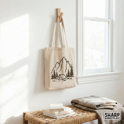 Rustic black and white mountain camp line art graphic suitable for DIY t-shirt printing, sublimation transfers, and nature-themed wall art projects.