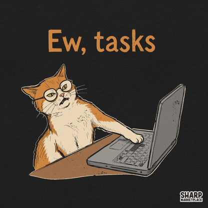 Funny orange cat with glasses typing on a laptop with Ew Tasks text for sarcastic office humor t-shirt design