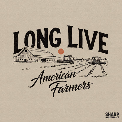 Long Live American Farmers digital design featuring a rustic barn, combine harvester, and tractor in a field with a sunset orange sun accent.